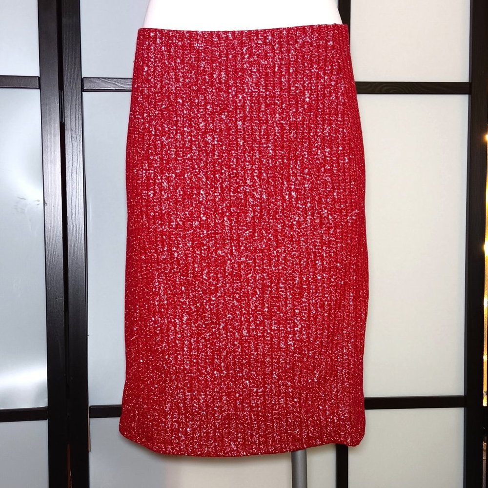 Vintage Late-90s Dazzling Red & Silver Sparkly Stretch Lame Midi Skirt
